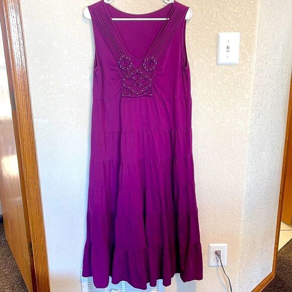 No Brand- Plum Purple Tiered Prairie Style Dress with Macramé-like Decor, Size L - Picture 1 of 5